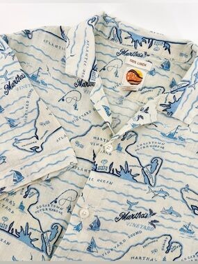 C&C California Men’s Medium 100% Linen Martha's Vineyard Map Print Coastal Shirt